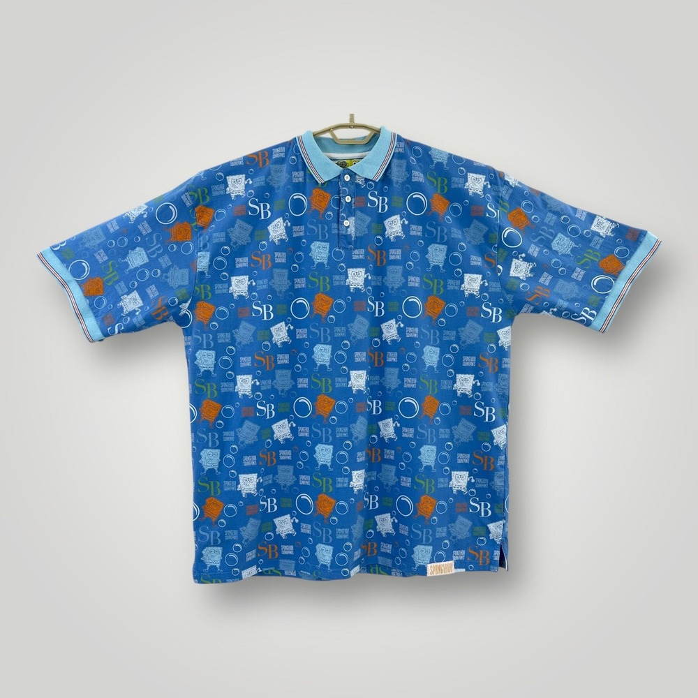 SpongeBob SquarePants Polo Shirt Mens 3XL Blue All Over‎ Print Graphic Cartoon